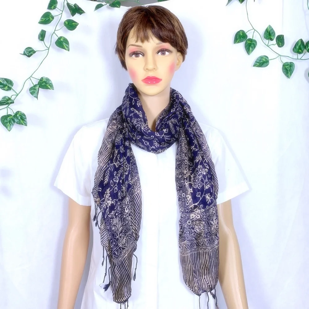 Sheer Silky Floral and Line Print Scarf